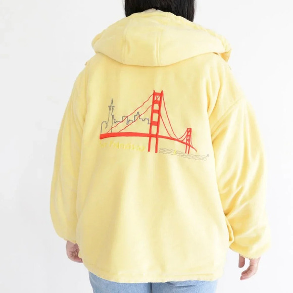 Vintage Cheneral Yellow Reversible Embroidered San  Francisco Hooded Coat S - Picture 1 of 14